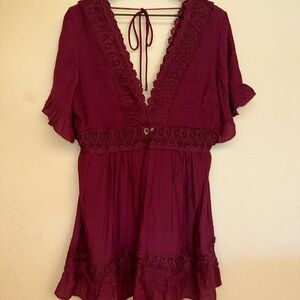Elegant Burgundy Lace Trim Dress